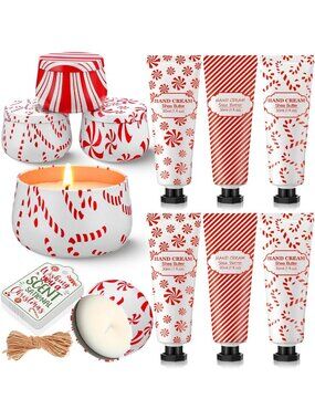 12 Pcs Christmas Candy Cane Gift Set - Peppermint Scented Candles & Hand Creams